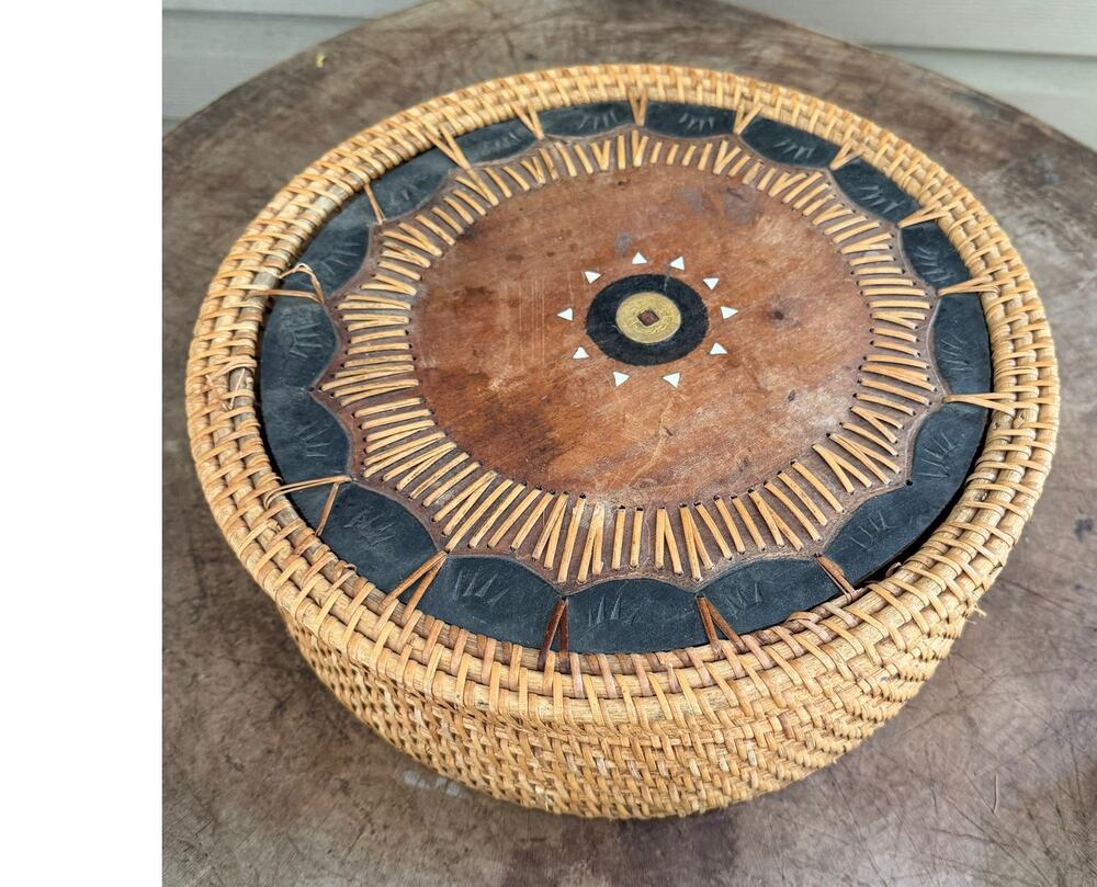 VTG Lombok Indonesia Rattan Lidded Basket Chinese Coin Talisman Tribal Art Boho